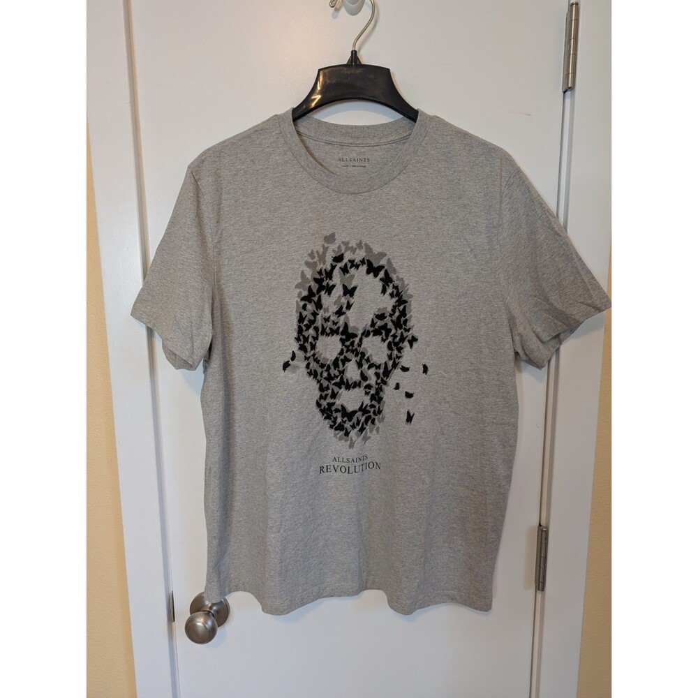 ALLSAINTS Skull Tee Shirt Large Gray Butterfly Whimsigoth Grunge Halloween